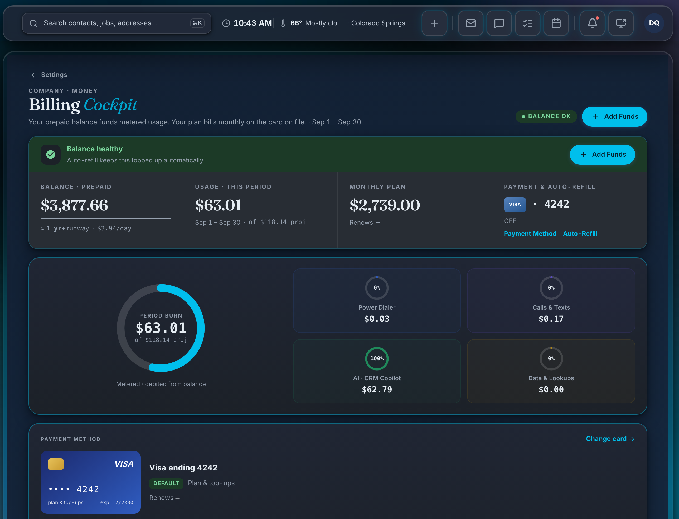 Real billing cockpit — prepaid balance healthy