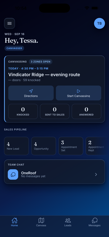 Canvasser home screen — real app