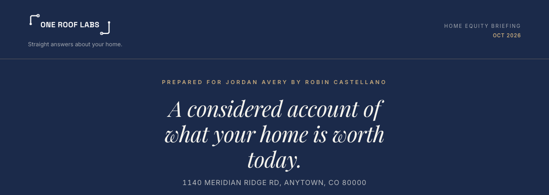 Val Bot co-branded home equity briefing — the top of the real template